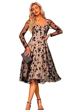 JJ HOUSE ~ Elegant Black Midi Lace Shell Floral Dress fully lined size XL